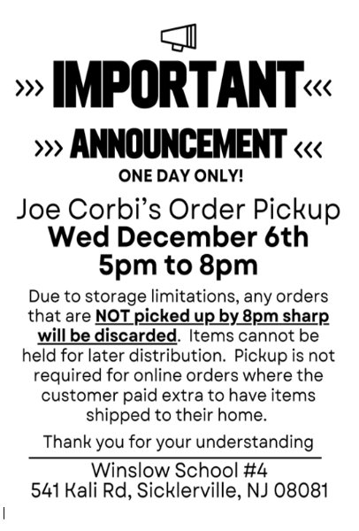 Joe Corbi Order Pick Up